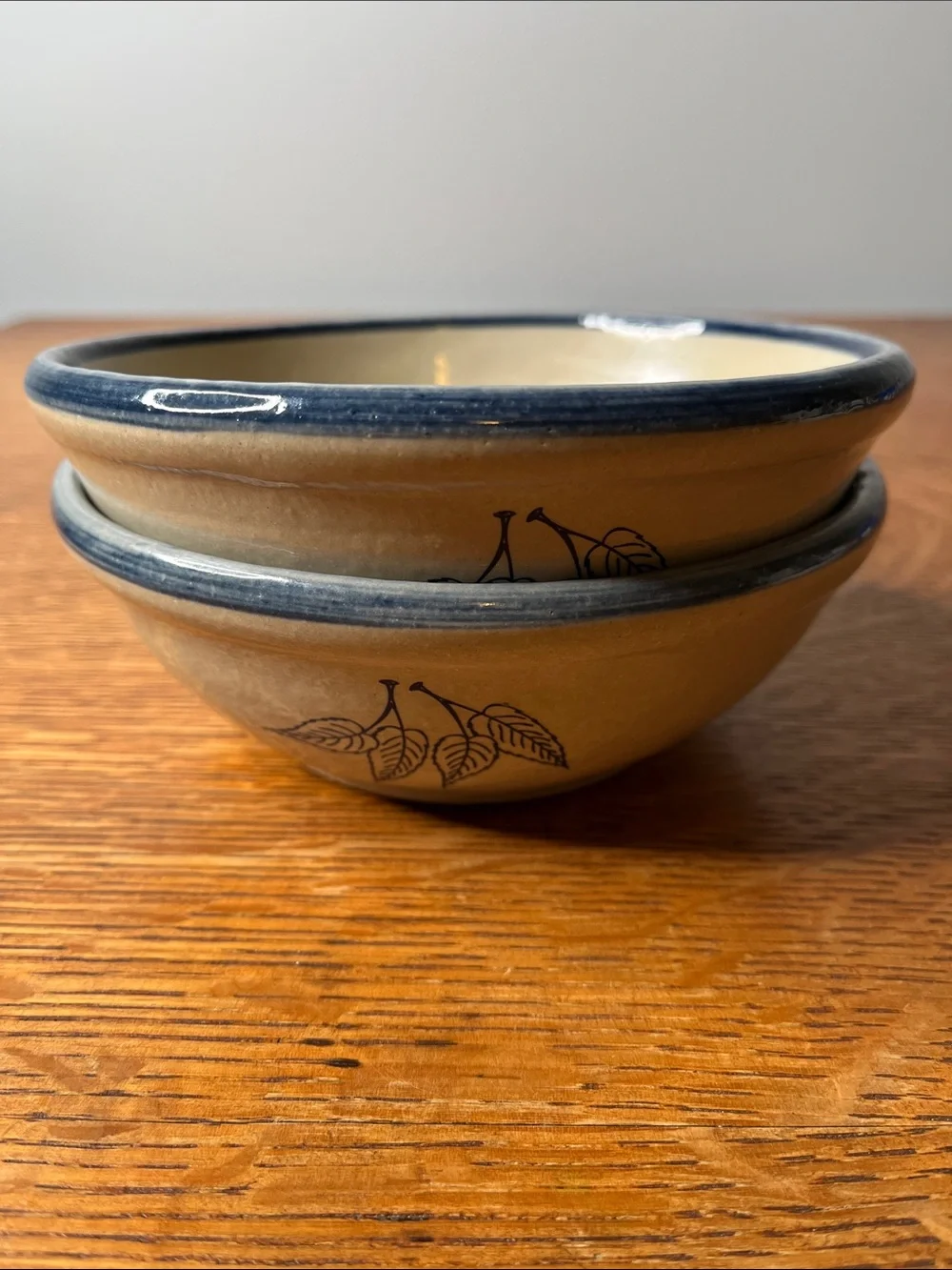 Pair Red Wing Stoneware Co. Cereal Soup Bowls Blue Leaf Rim 6.25